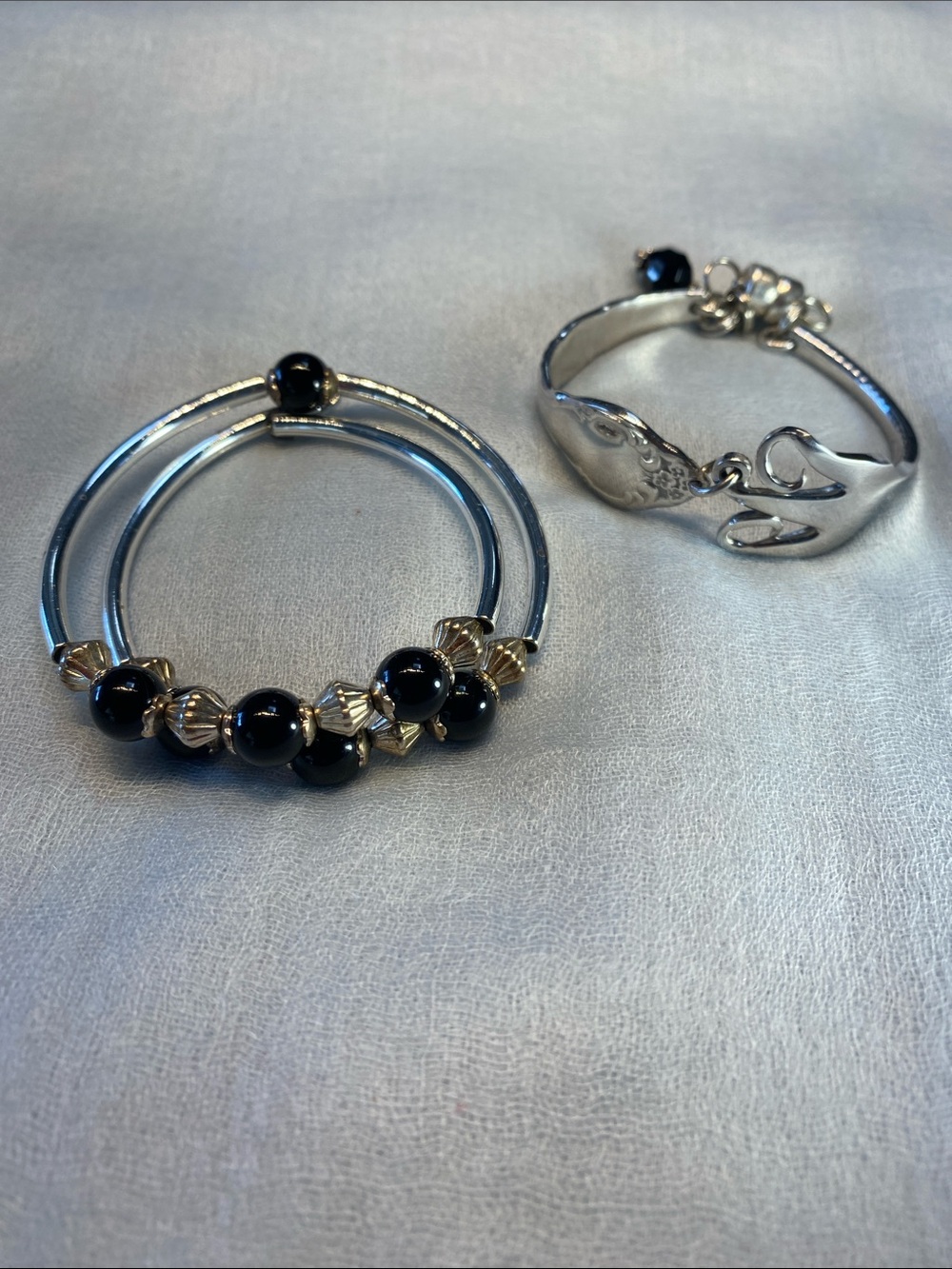Black Bead and Silver-Tone Stackable Bracelet Set